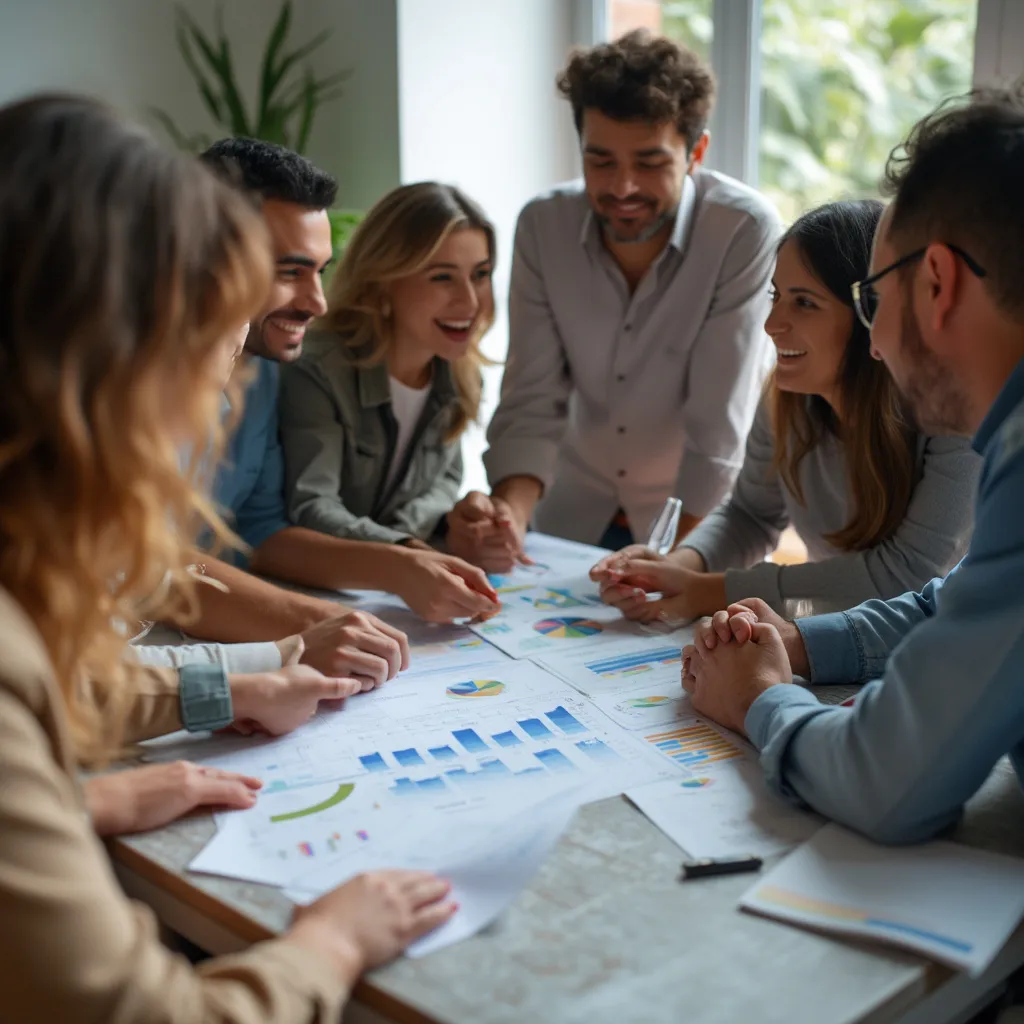 Personas discutiendo un plan financiero con gráficos de fondo
