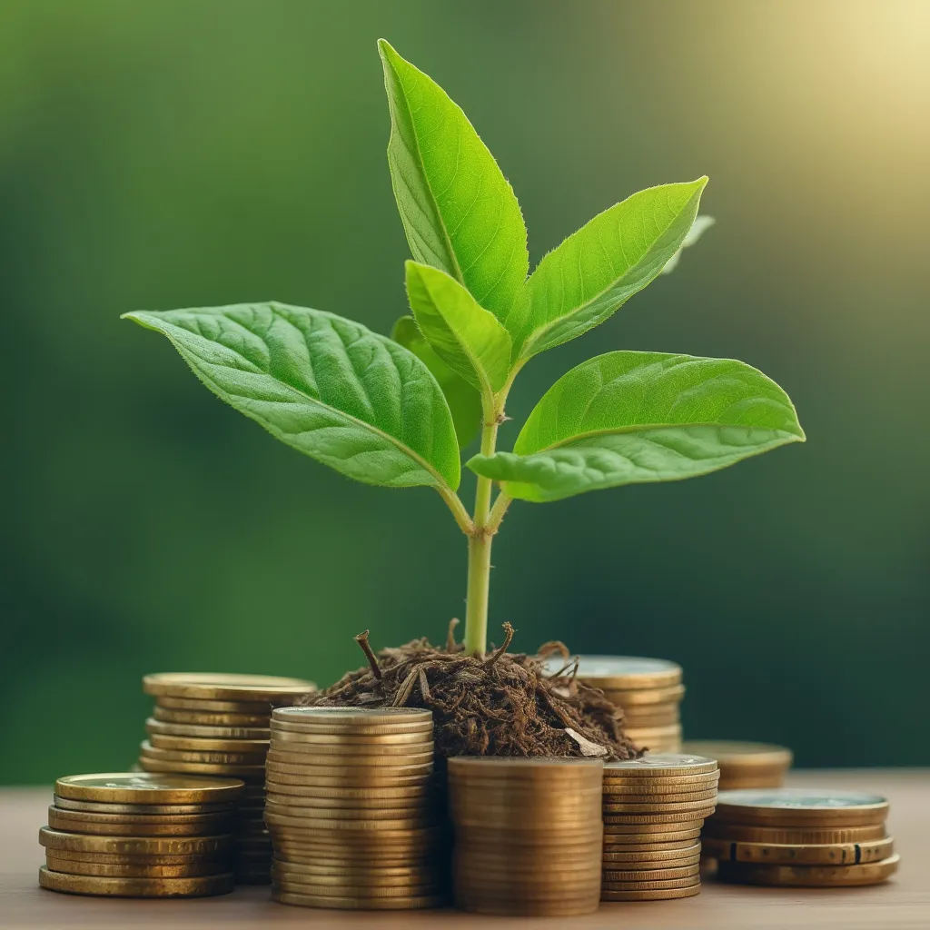 Planta creciendo de monedas apiladas, simbolizando crecimiento financiero sostenible